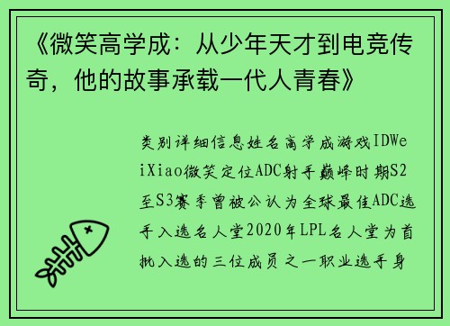 《微笑高学成：从少年天才到电竞传奇，他的故事承载一代人青春》